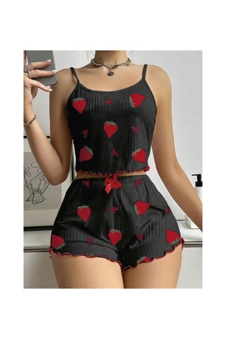 Red Womans Pamuklu Siyah Üstüne Çilek Desen Fitilli Askılı Şortlu Pijama Tak
