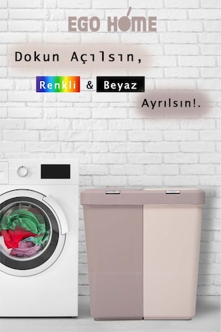 Kahve Krem Mote Ikili Dokunmatik Kirli Sepeti Çamaşır Sepeti 2 Bölmeli Dokunmatik Kapaklı 80 Lt Kahverengi