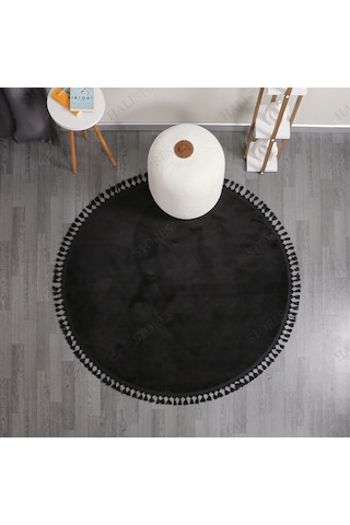 Siyah Fluffy Düğüm Saçaklı Yuvarlak Post Peluş Halı Kaymaz Taban
