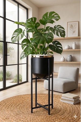 Bitkidunyam Mat Ayaklı Saksı, Metal, Altın Detaylı Kenar, Modern Minimalist Stil, İç Mekan, 52x21 Cm No:4 Siyah