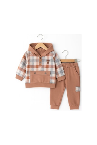 For My Baby Kapüşonlu Ekose Detaylı Bebek Takımı Kahverengi