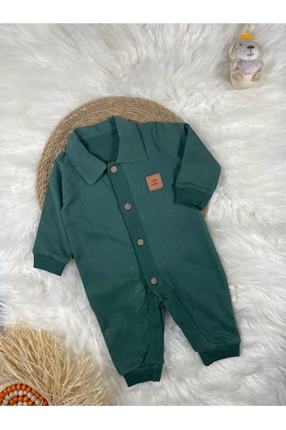 Gömlek Yaka Önden Düğmeli Arma Detaylı Erkek Bebek Tulum Yeşil