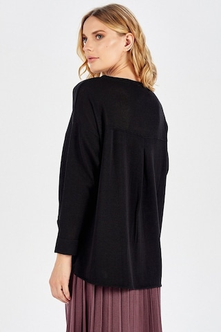 Peraluna Ön Ve Arka Pile Detaylı Siyah Salaş Triko Kadın Bluz-Siyah