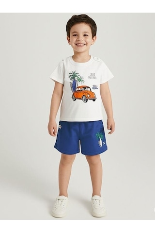 Erkek Bebek Pamuklu Araba Baskılı Şortlu Takım-15827 Beyaz