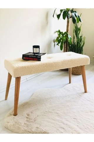 Ahşap Ayaklı Handmade Geniş Oturum Alanlı Krem Welsoft Kumaş Pofidik Puf Bench ,ayak Ucu Uzatmalık Krem