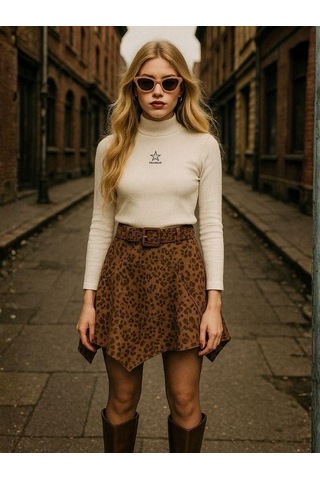 Kız Çocuk Süet Asimetrik Kesim Kemerli Tasarım Etek-16290 Kahverengi