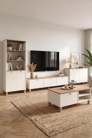Robin Home Alaska Tv Ünitesi Orta Sehpa Kitaplık Konsol Ahşap Ayaklı 4'lü Set Ahşap-beyaz
