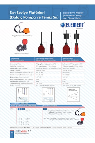 Element Fte-1500k 15 Metre Kauçuk Kablolu Temiz Su Seviye Flatörü