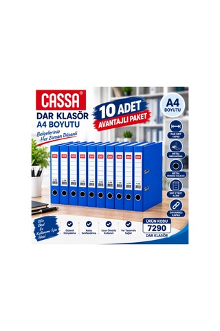 7290 Dar Klasör A4 Mavi 10 Adet Avantajlı Ekonomik Paket