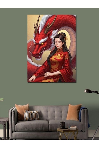 Kanvas Tablo Kırmızı Ejderha Ve Kadın 50cmx70cm
