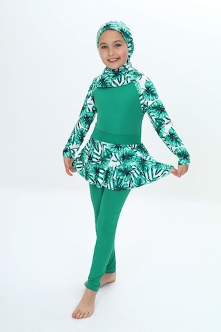 My Kids Wear Üç Parça Kız Çocuk Haşema, Tesettür, Etekli, Kapalı Mayo Kırmızı - Beyaz