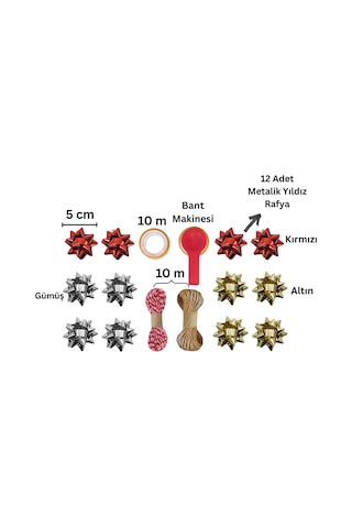 Hediye Paketleme Seti, 12 Adet Metalik Rafya- Twine Baker & Jüt İp - 20m, 1 Adet Bant Ve Makinesi