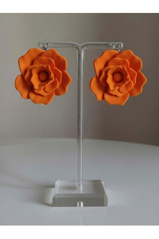 Kadın Küpe Büyük Turuncu Gül Model - 6 Cm Minimalist Halka/çivili Gül Çiçek Küpe