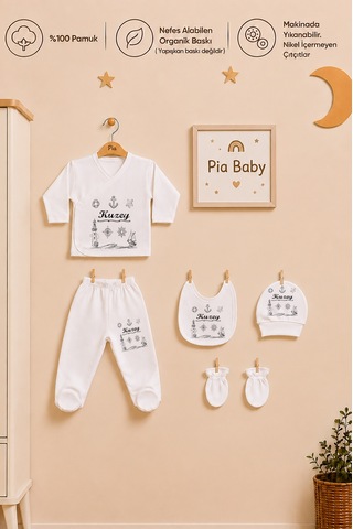 Pia Baby Kişiye Özel %100 Pamuk 5 Parça Erkek Bebek Zıbın Seti 2070z3x Krem