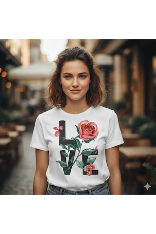 Love Çiçek Baskılı Kadın Pamuklu T-shırt Beyaz
