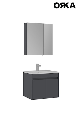 Modern Orka Side 65 Cm Mat Beyaz Kapaklı Lavabo Ve Ayna Takımı Suya Dayanıklı Mdflam Antrasit