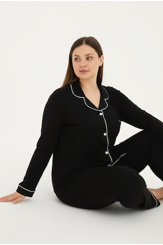 Bravie Luxury Viscose Siyah Beyaz Biyeli Kadın Uzun Kollu Büyük Beden Pijama Takımı 42501 Siyah