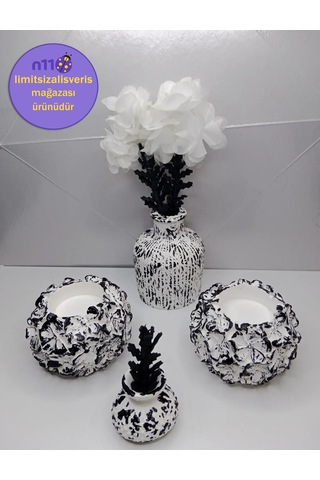 Siyah Beyaz Dekoratif Obje Mumluk Vazo Takımı Çiçekler Dahil Siyah Beyaz
