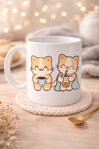 Sevimli Kedi Tasarımlı Porselen Kupa Model 194 İkili Cute Cat Baskılı Kahve Kupası Kedi Severlere Hediyeli Diğer