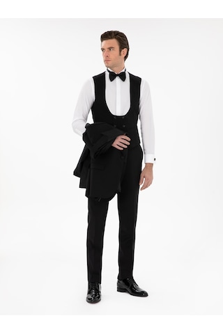 Cacharel Siyah Slim Fit Yün Karışımlı Yelekli Smokin Dmatlık