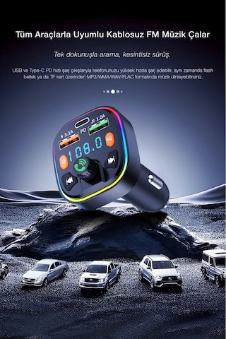 Bluetooth Araç Çakmaklık Fm Transmitter Işıklı Mp3 Çalar Type-c Hızlı Şarj Araç Şarj Cihazı