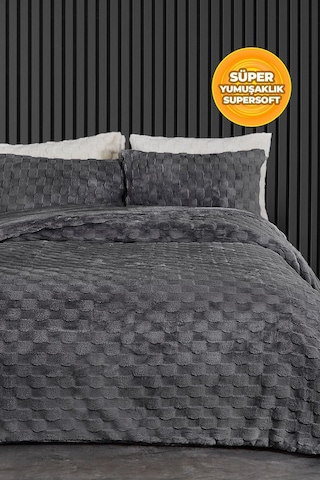 Kürk Yatak Örtüsü Yorgan Uyku Seti Tek Kişilik Çarşaflı Peluş Yumuşak Dolgulu Rody 3 Parça Antrasit