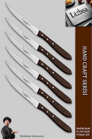 Lazbisa Mtf-058 Hand Craft Serisi Setak Et Bıçağı 6 Lı Mutfak Bıçak Restoran Et Steak Bıçak Ahşap