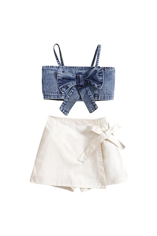 Çocuk Kız Yaz 2 Parça Kıyafet 1y 2y 3y 4y 5y 6y Düz Renk Kolsuz Yay Denim Kaşkorse Ve Elastik Rahat Etek Şort Takımı Bej