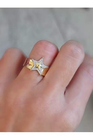 Ayarlanabilir Yıldız Model Zirkon Taşlı Gold Renk Çelik Yüzük Altın