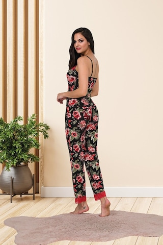 Myben Kadın Çiçek Desenli Pamuklu Likralı Siyah Askılı Dantel Detaylı Pijama Takımı 28454 Siyah
