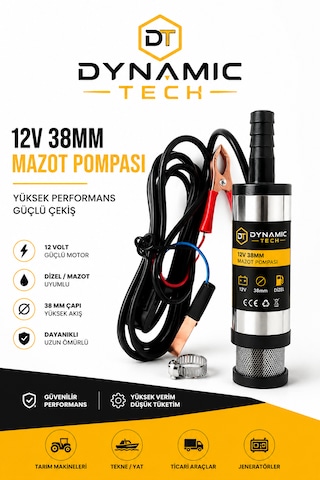 12 Volt Mazot Ve Su Zeytin Yağı Vs Sıvı Aktarma Pompası Dalgıç Pompa 40 Watt 38 Mm
