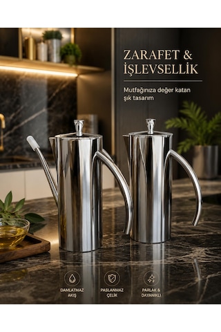 304 Lüks Paslanmaz Çelik Yağdanlık-demlik 700 Ml ,ateşe Uygun & Şık Sofra & Mutfak Kullanımı Çelik 2 Li