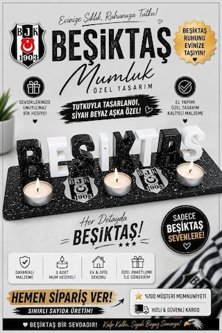 Siyah Beyaz Taraftar Temalı Dekoratif İsimlik Ve Mumluk Seti