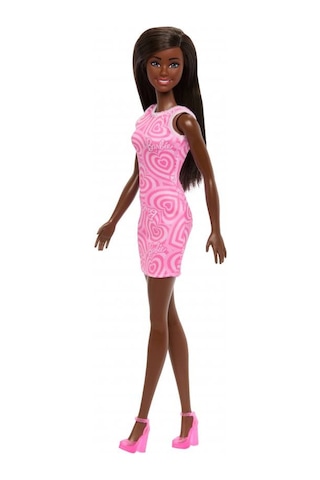 Barbie Şık Pembe Elbiseli Esmer Siyah Saçlı Eklemleri Hareketli 30cm Model Oyuncak Bebek