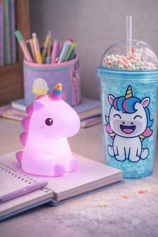 2 Li Set Işıklı Renkli Unicorn Figürlü Gece Lambası & Pipetli Boncuk Detaylı Suluk Bardak Mavi 450ml Set