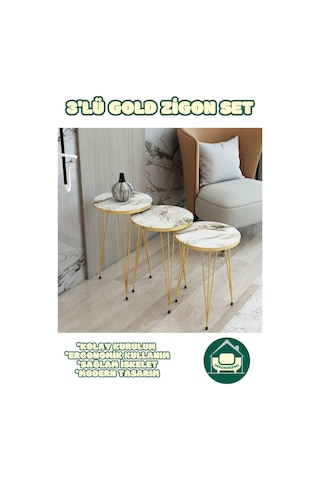 Berlin Beyaz Zigon Sehpa Gold Tel Ayak Lüks & Modern Tasarım