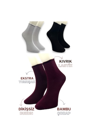 Premium 3 Çift Bambu Kadın Lastiksiz Roll Top Soket Dikişsiz Çorap / Iz Bırakmaz / Sıkmayan Çorap Siyah Bordo Beyaz