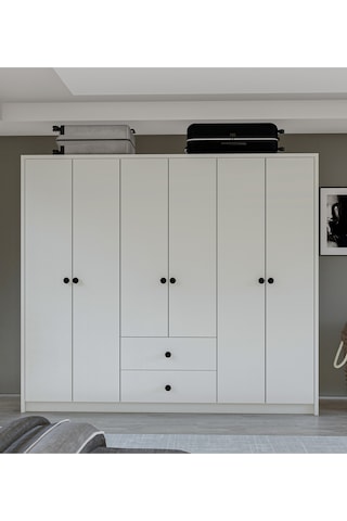 Metalia Gm 069 Delüx 6 Kapı 2 Çekmeceli Düğme Kulplu Gardırop