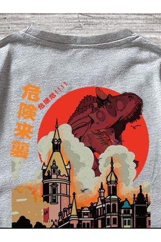 Erkek Gri Oversize Japanese Dinazor Baskılı T-shirt Gri-45748