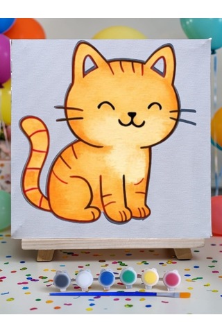 Çocuklar İçin Tuval Boyama Seti Kedi Mod2 19x19 Cm Tuval, Şövale, Fırça Ve 6 Renk Akrilik Boya Seti