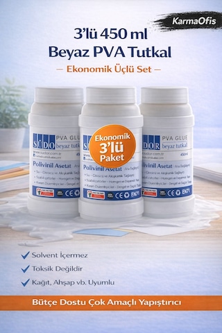 3 Lü Beyaz Pva Tutkal 450 Ml Ekonomik Üçlü Set, Çok Amaçlı Yapıştırıcı