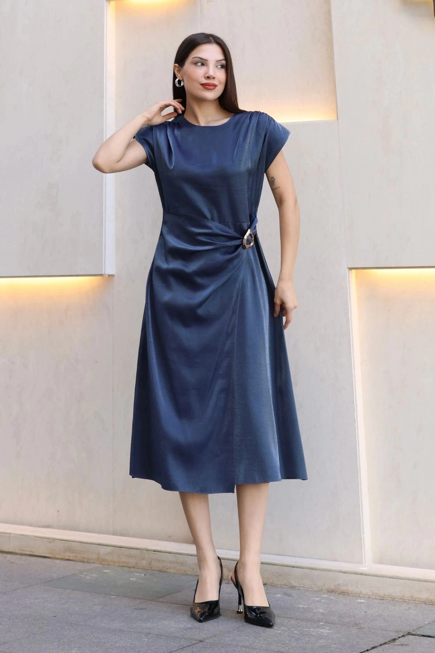 Lodmela Toka Ve Drape Detaylı Soft Saten Midi Elbise 6042-lacivert Lacivert