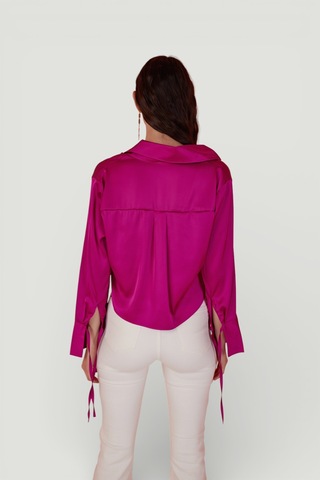 Holly Lolly Özel Dokulu Saten Crop Silky Gömlek Pembe