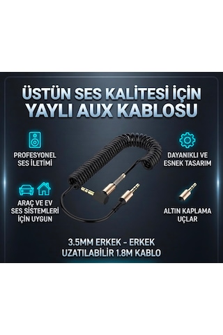1.8 Mt Aux Ses Kablosu 3.5mm L Tipi Metal Yaylı Dayanıklı Kablo Araba Aux Kablo Esnek & Dayanıklı Ses Kablosu 1.8 M