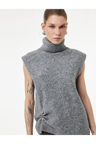 Koton Koton X Sibil Çetinkaya - Aksesuar Detaylı Balıkçı Yaka Oversize Süveter Gri 6wak20091ht