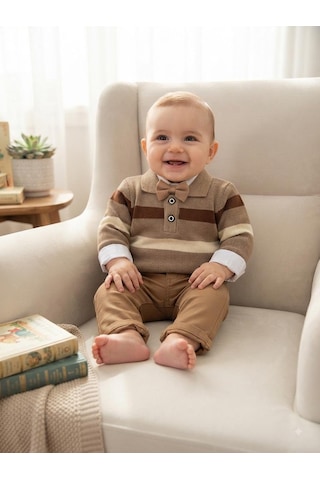 Efemkids Hırka Papyon Keten Pantolon 3'lü Erkek Bebek Takım Beli Lastikli Esnek Rahat Yenidoğan Bebek Takım kahverengi