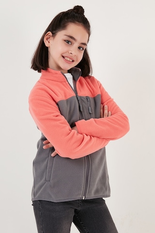 Lela Yumuşak Dokulu Fermuarlı Renk Bloklu Dik Yaka Cepli Hırka Unisex Çocuk Polar 5905001 Somon-Gri