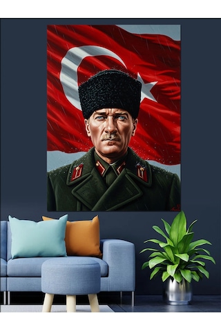 Türk Bayraklı Atatürk Portresi Dekoratif Kanvas - Mdf Ahşap Tablo