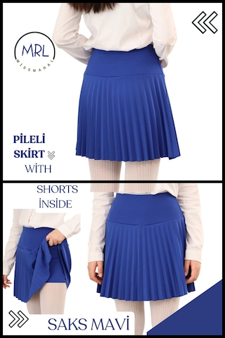 Kız Çocuk Mavi Pileli Etek Yüksek Bel Içi Şortlu Dalgıç Kumaş Okul-oyun-spor- Etkinlik 4103 Mavi