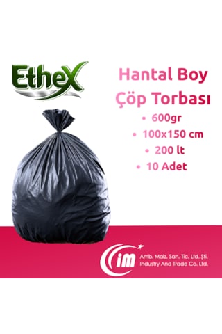 Endüstriyel Hantal Boy Çöp Torbası/poşeti - 10 Adet, 600gr, 100 X 150 Cm, 200lt, Siyah, 5 Rulo